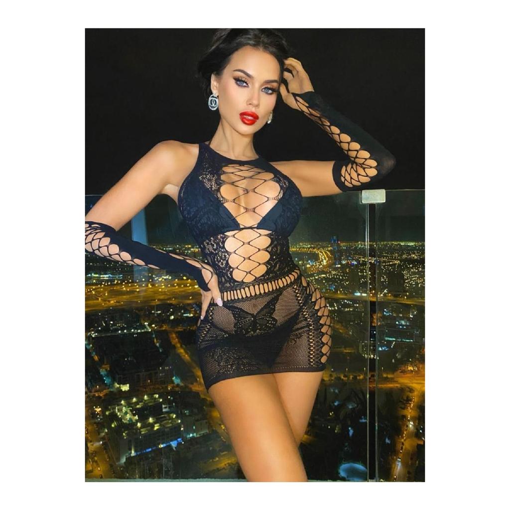 Women's Red Mini Dress With Gloves Fantasy Nightgown Set