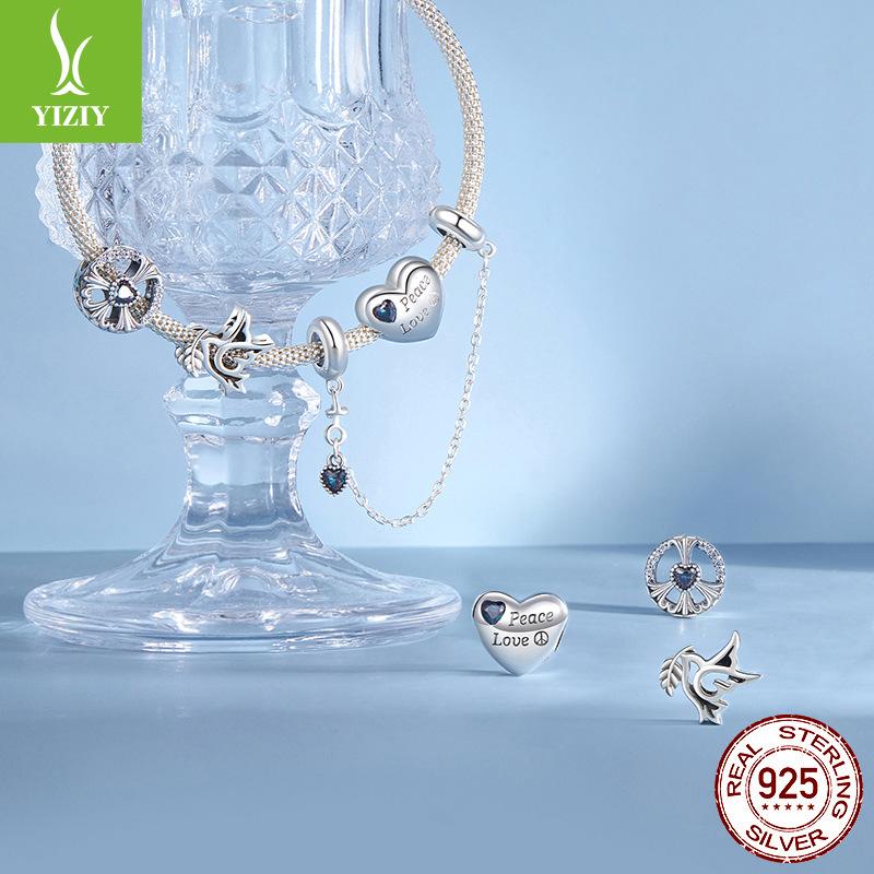 Peace And Love Anti-War Series Heart-Shaped Safety Chain Diy Bracelet Beaded Accessories 925 Silver Beads