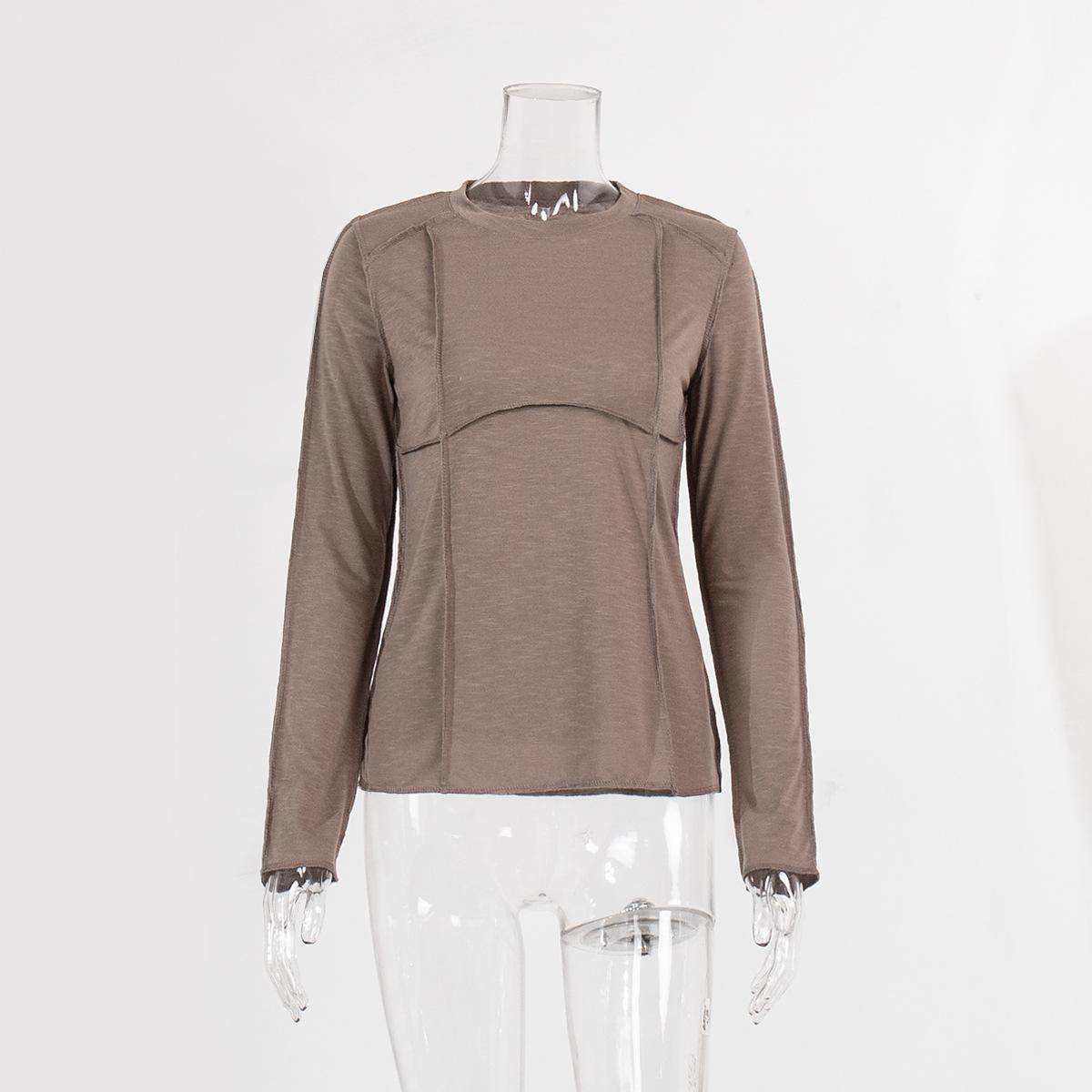 

GMXIA Женская футболка с круглым вырезом, весенняя новая мода, темперамент, повседневная, с длинными рукавами, с накладными линиями, нижняя часть футболки L кофейный