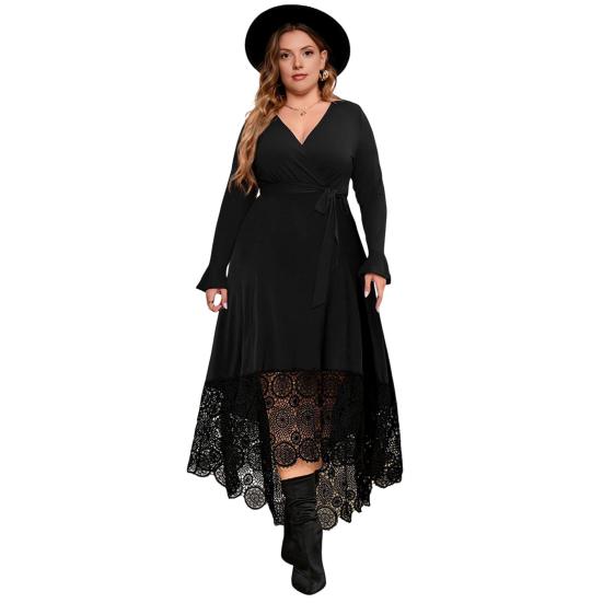 Plus Size Black Lace Dress With V-Neck Long Sleeve Embroidery Lace High