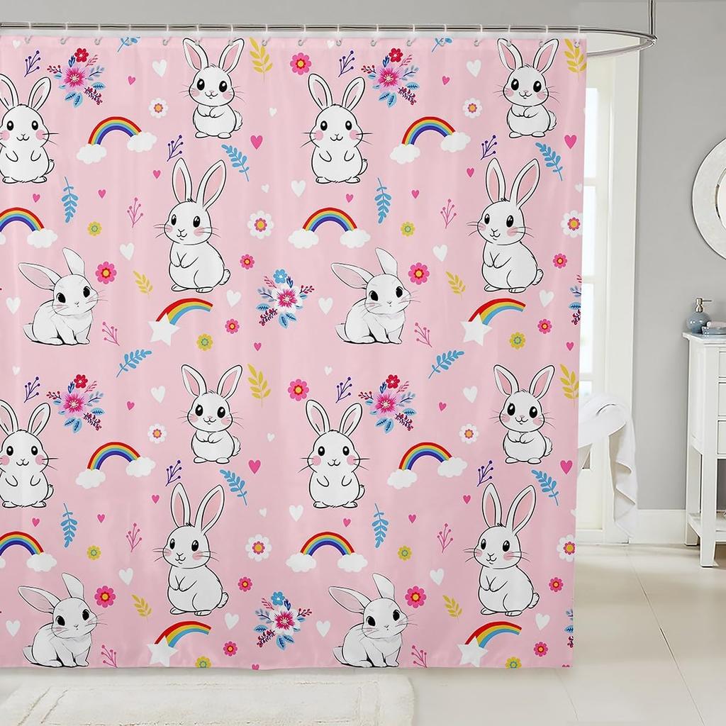 Cute Floral Cat Shower Curtain Cartoon Pet Animal Fabric Shower Curtain Colorful Kitten Flowers Bathroom Curtains Romantic