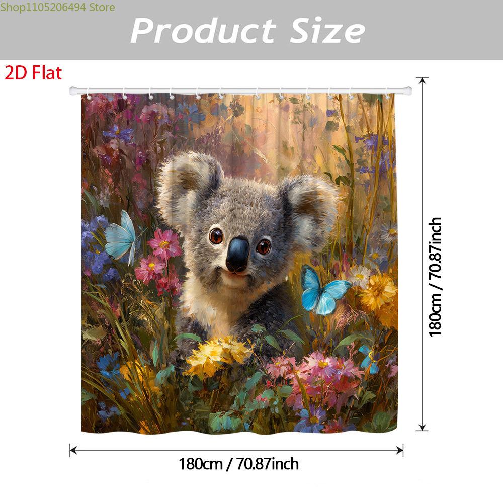 1pc Cute Koala Shower Curtain with 12 Hooks - Koalas, Flowers & Butterflies in eucalyptus Forest Design, Suitable for Bathtub