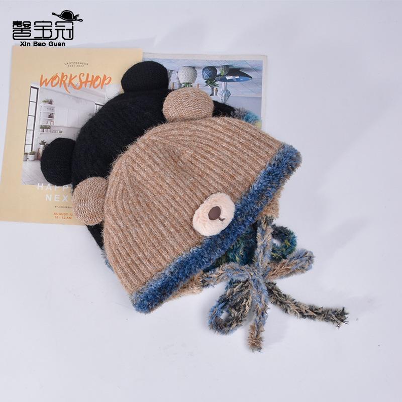 Cute bear plush hat women's winter plush warm wool hat cold protection ear protection face small bag head knitted hat