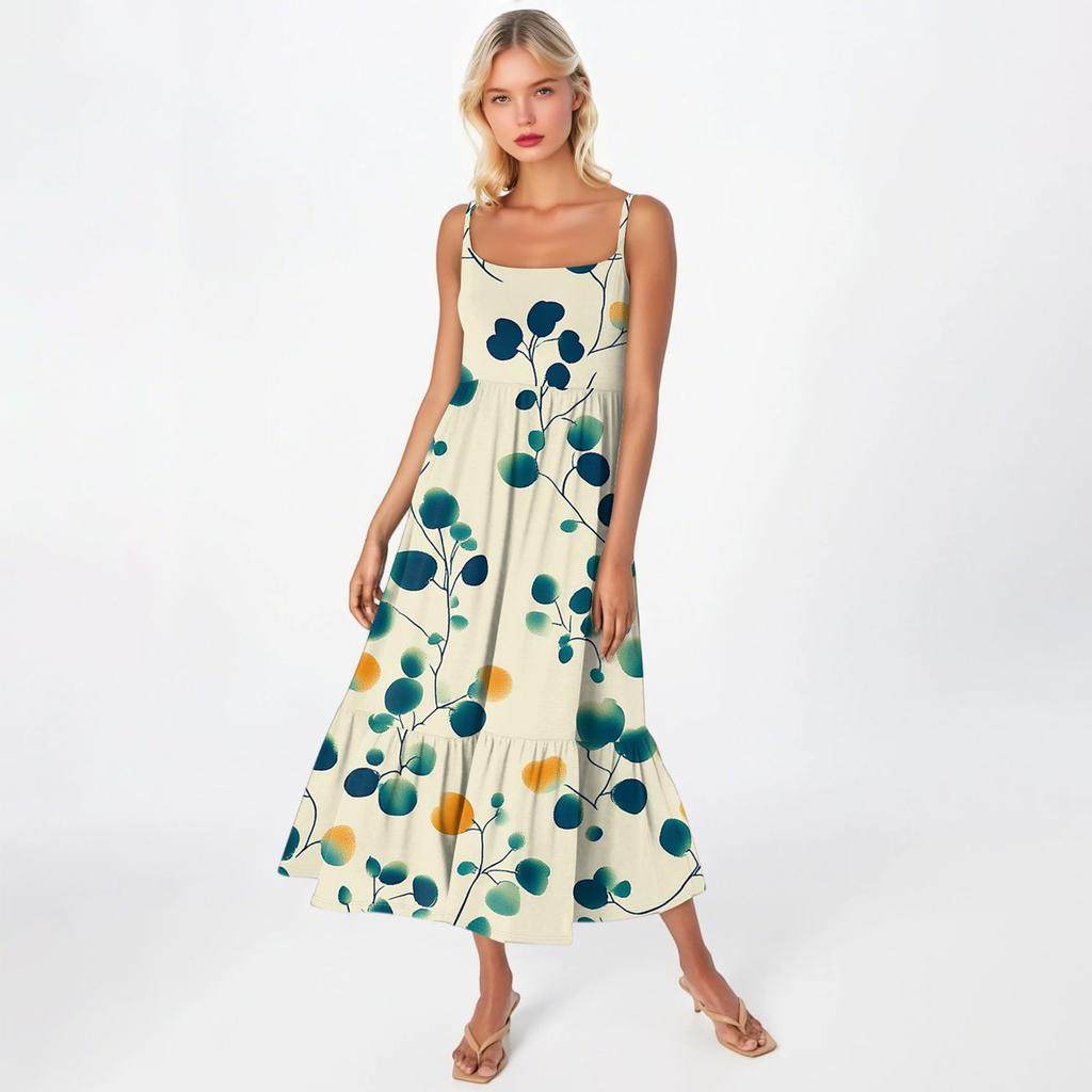 Damska Długa Plażowa Codzienna Elegancka Sukienka Maxi na Cienkich Ramiączkach, Szyta, Subtelna, Zwiewna Sukienka w Stylu Boho