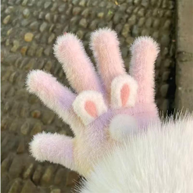 

Cute Pink Rabbit Cat Ear Pom-pom Plush Gloves Cold-Proof Gloves Student Winter Warm Five-finger Gloves Women Accessory Xmas Gift