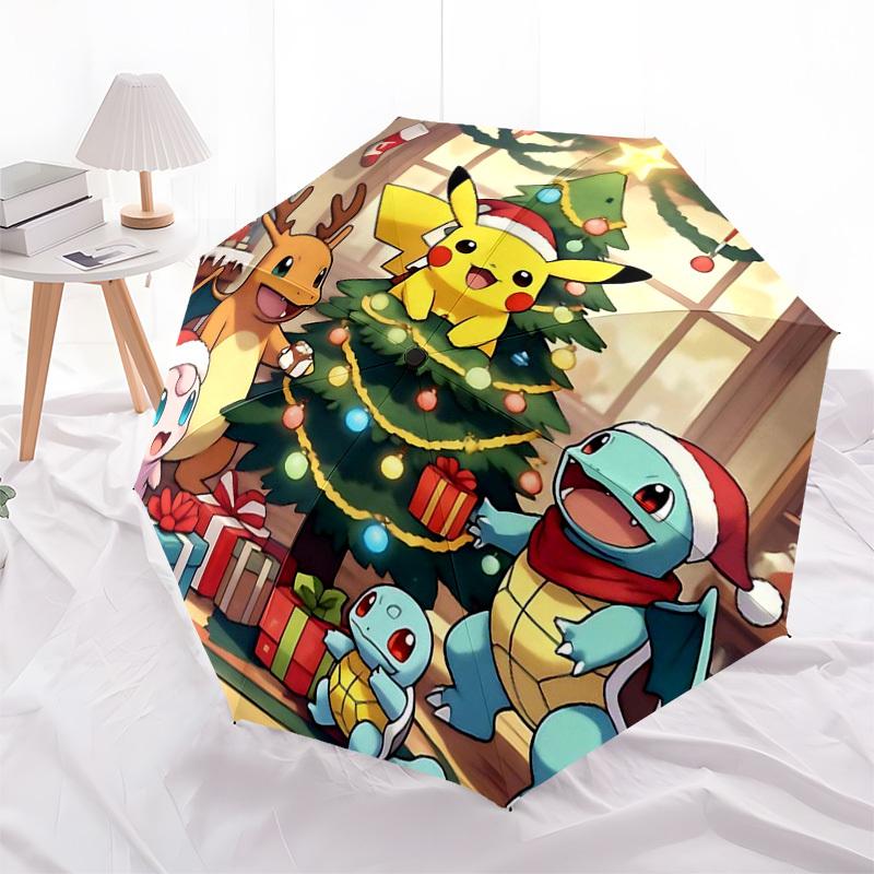 

1pc Christmas Pikachu & Friends Auto Open Close Umbrella - Portable 3-Fold Design with 8-Bone Iron Frame, Outdoor Umbrella, Perfect Gift for Fans, Tra