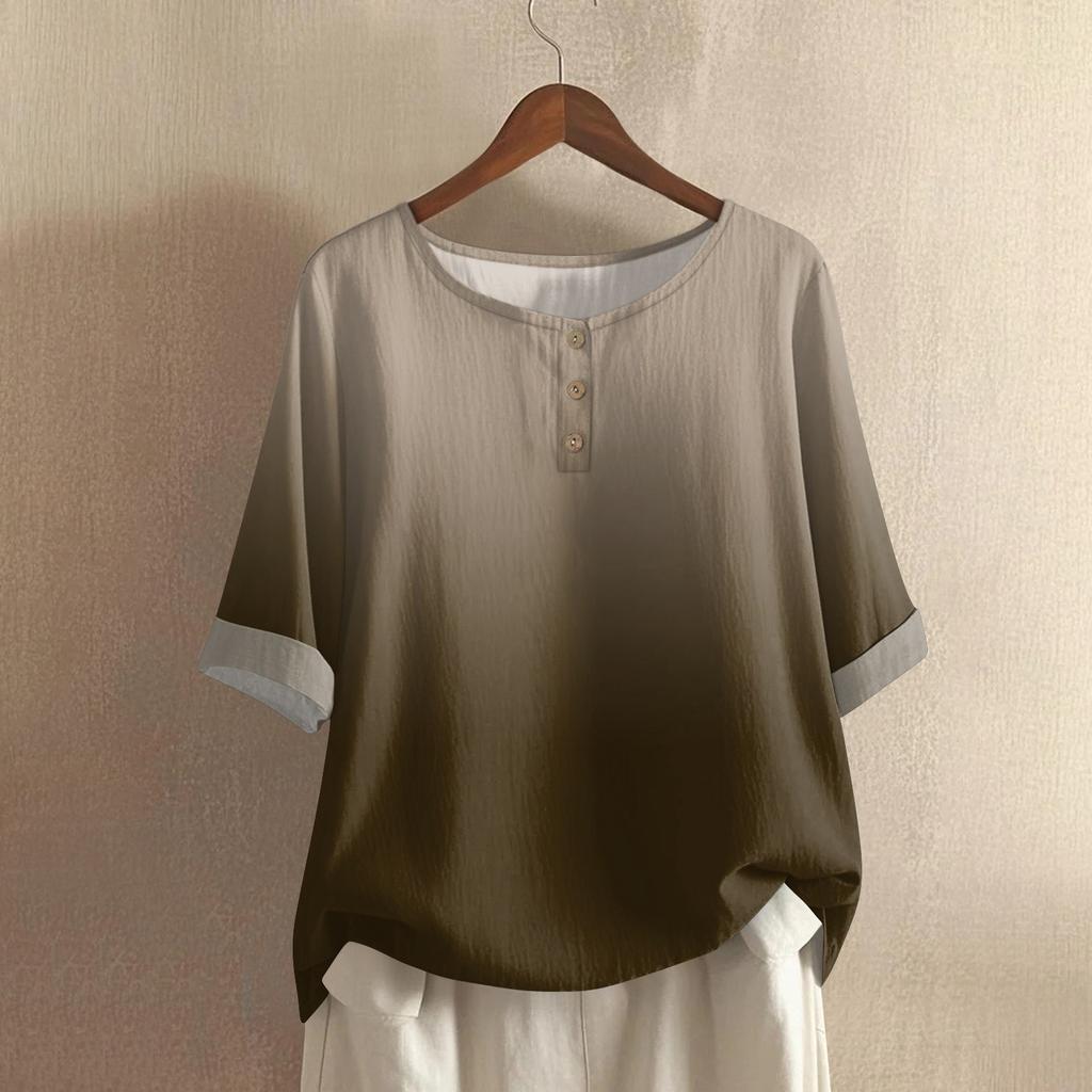 Women's Fashionable And Casual Shirt Half-sleeve Round Neck Print Cotton And Linen Blouse Top