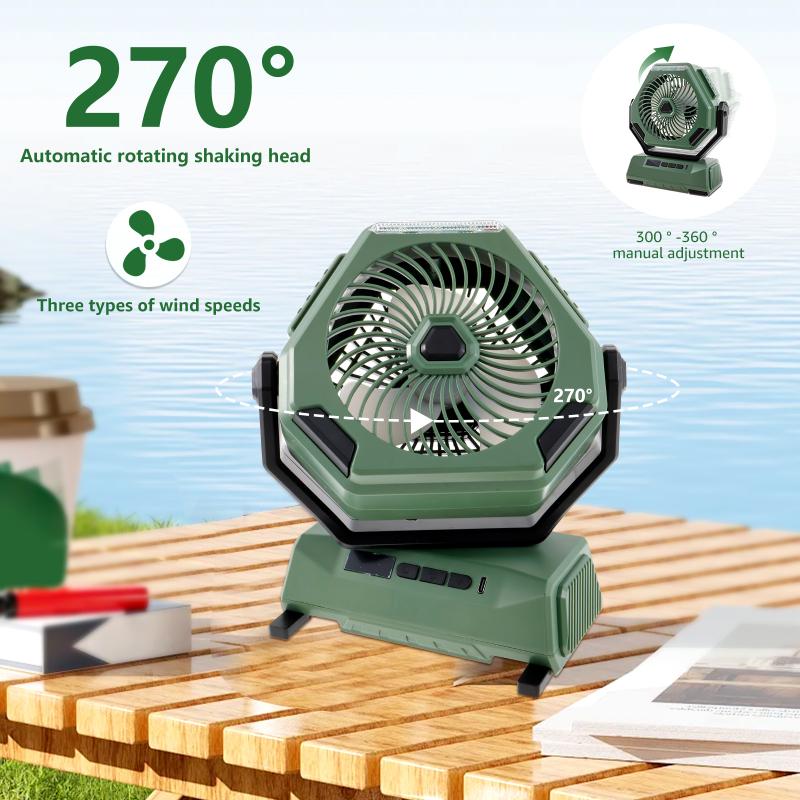 270° Kopfrotation Campingventilator mit LED-Licht und Haken 6000mAh USB-Akku-Betriebener Ventilator für Outdoor-Reisen Camping Angeln Neu