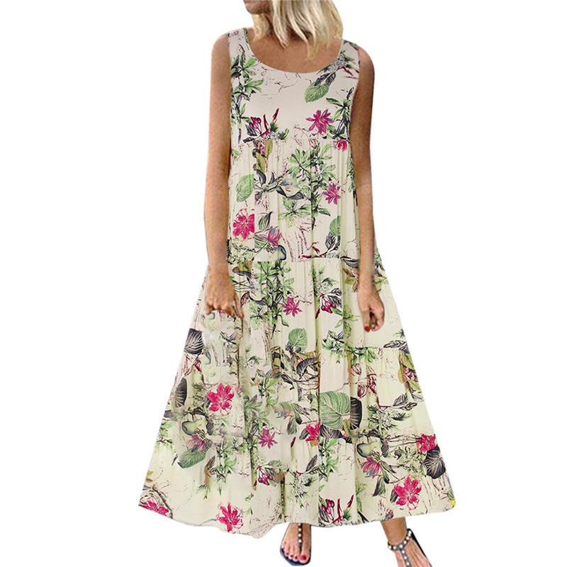 Women Plus Size Casual Loose Dress Sleeveless Floral Daily Linen Print Long Maxi Dress