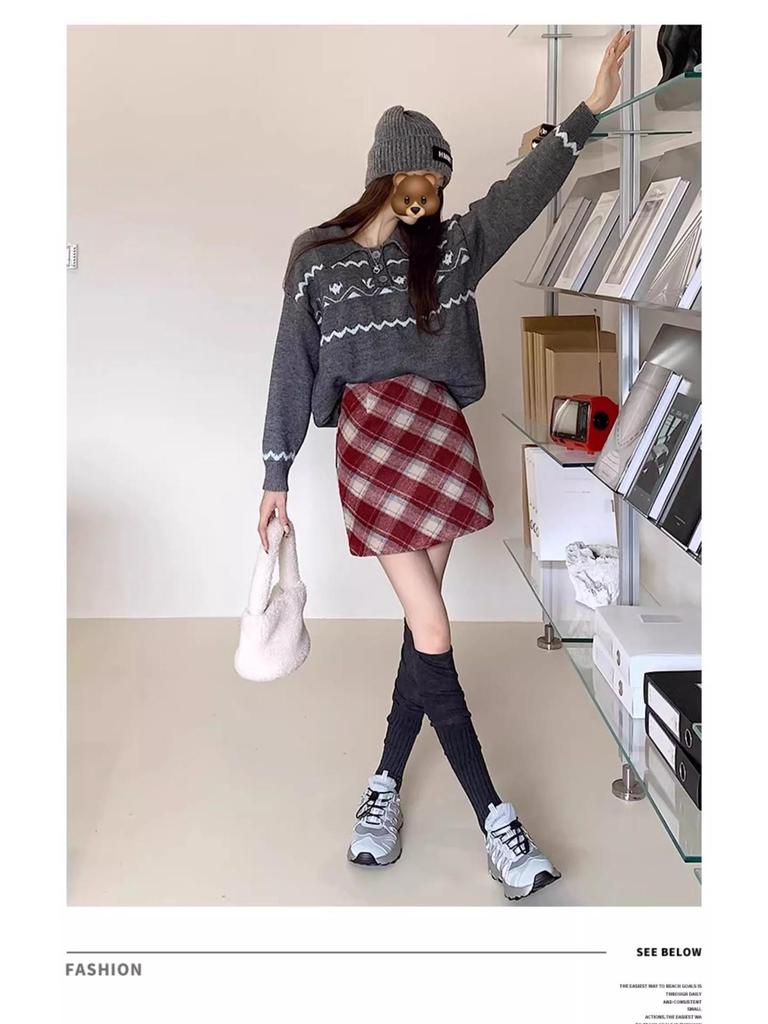 Women's 2025 Retro High-Waist Wool Blend Plaid Mini Skirt - Petite Bodycon A-Line for Autumn/Winter