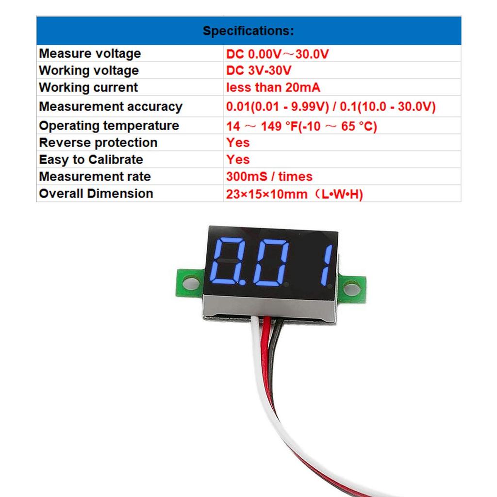 bayite Pack of 5 Three-Wire Calibratable DC 0~30V Blue Digital Mini Voltmeter Gauge Tester Mount Car Motorcycle Battery Monitor Volt Voltage Meter