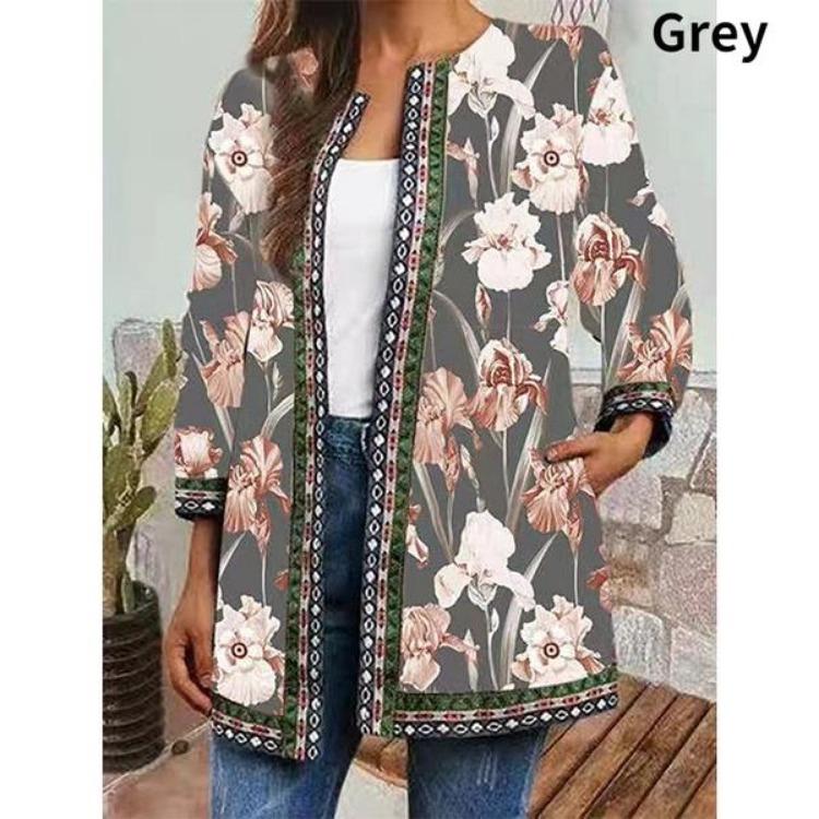 Vintage Floral Print Ethnic Style Jacket Plus Size Tribal Pattern Cardigan Ribbon Webbing Outwear Women Fashion