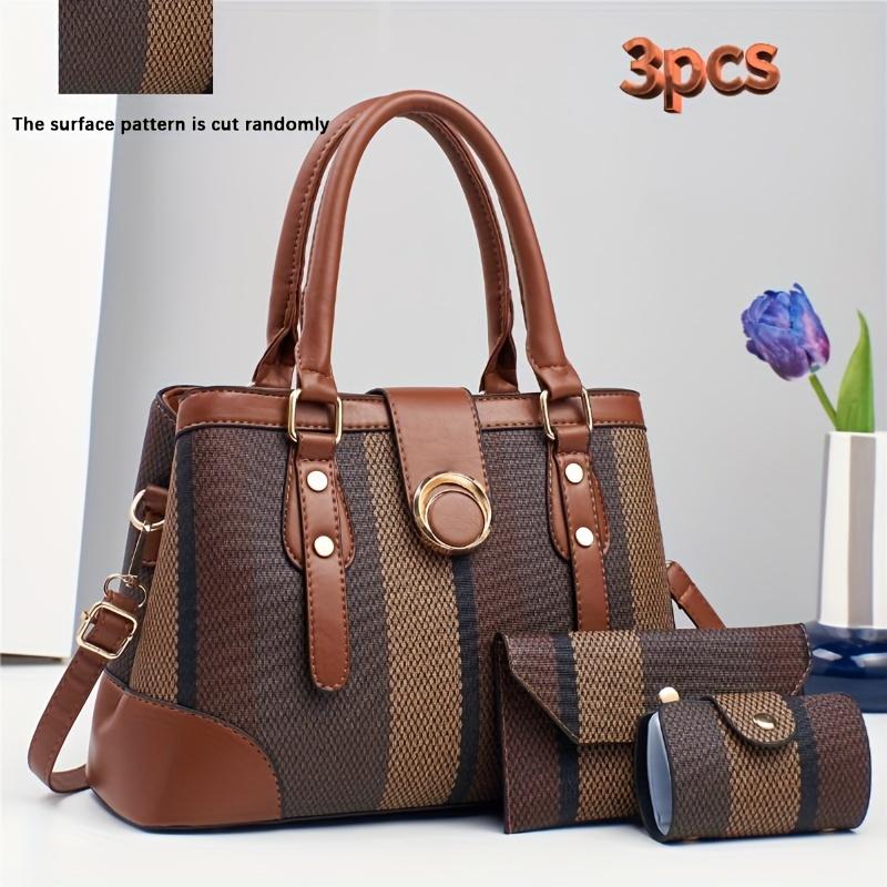 Classic Striped Women's Handbag Set, High-Quality Fashionable Versatile Three-Piece Set