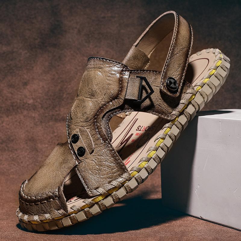 Large Size Sandals Men's Hand-sewn Breathable Casual Beach Shoes Men's Soft-soled Crocodile Pattern Roman Sandals