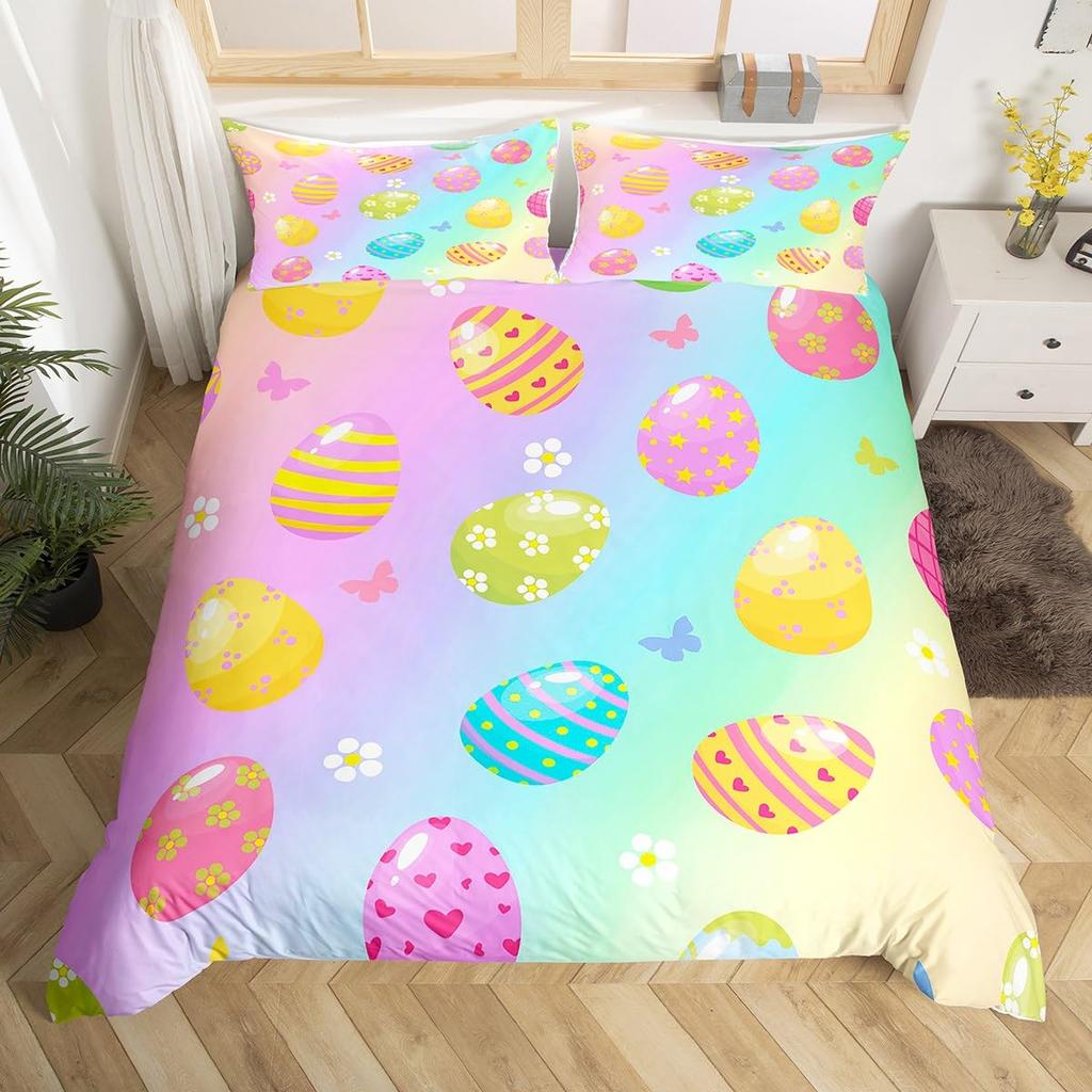Easter Eggs Duvet Cover Boys Girls Cartoon Colorful Egg Theme Bedding Set Happy Easter Comforter Cover Floral Flower Quilt Cover
