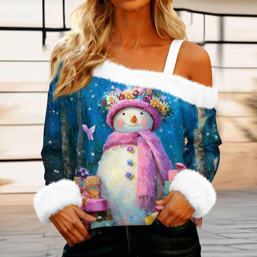 Women's Casual Fashion Sexy Off-Shoulder Collar Christmas Pattern Long Sleeve Crewneck T-Shirt Top