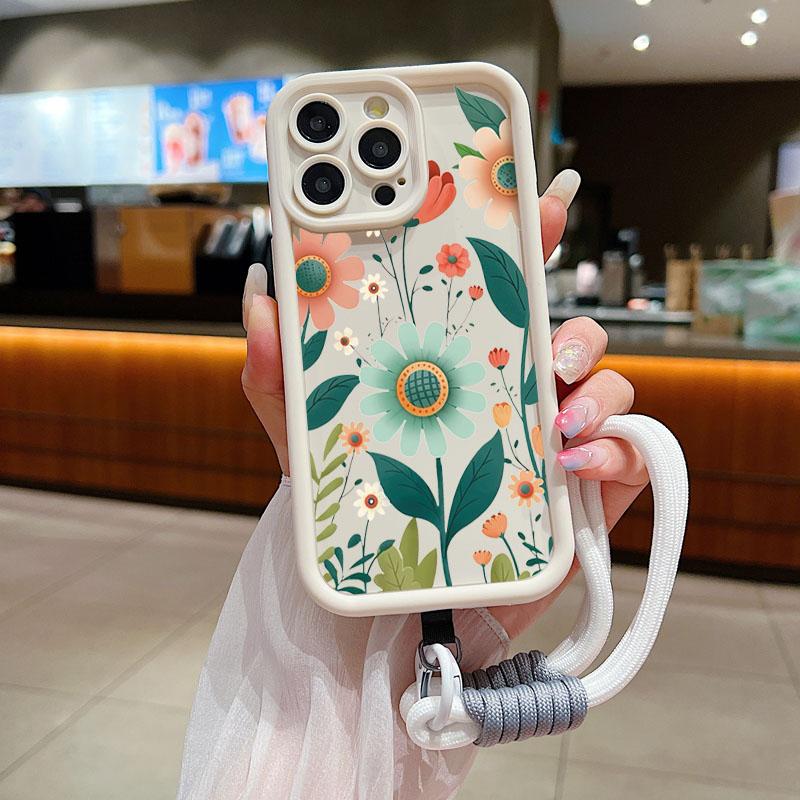 Wrist Chain Lanyard Phone Case for iPhone 11 12 13 14 15 16 Pro MAX XS Max XR 7 8 16 Plus Cute Flower Hand Strap Soft TPU Cover
