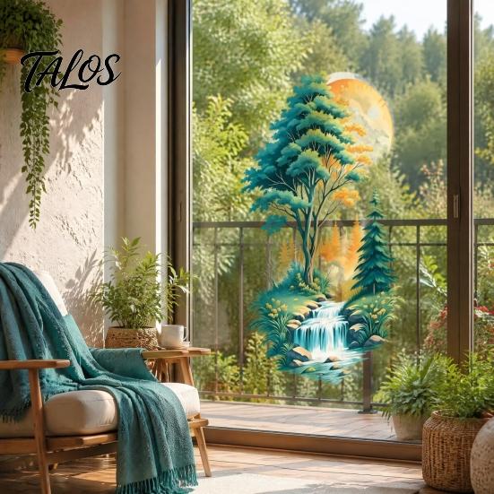 Forest Style Window Clings Mountain Waterfall Scenery Wall Sticker, PVC Waterproof Mural, Peel And Stick Art Wallpaper Decor for Bedroom Living
