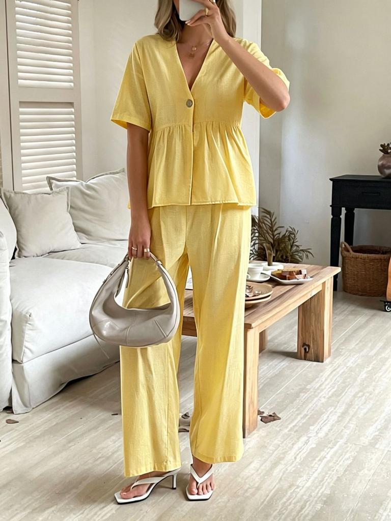 Europe, America, Cross-border Amazon Foreign Trade Fashionable and Elegant V-neck Loose Short-sleeved Top and Wide-leg Pants Two-piece Set