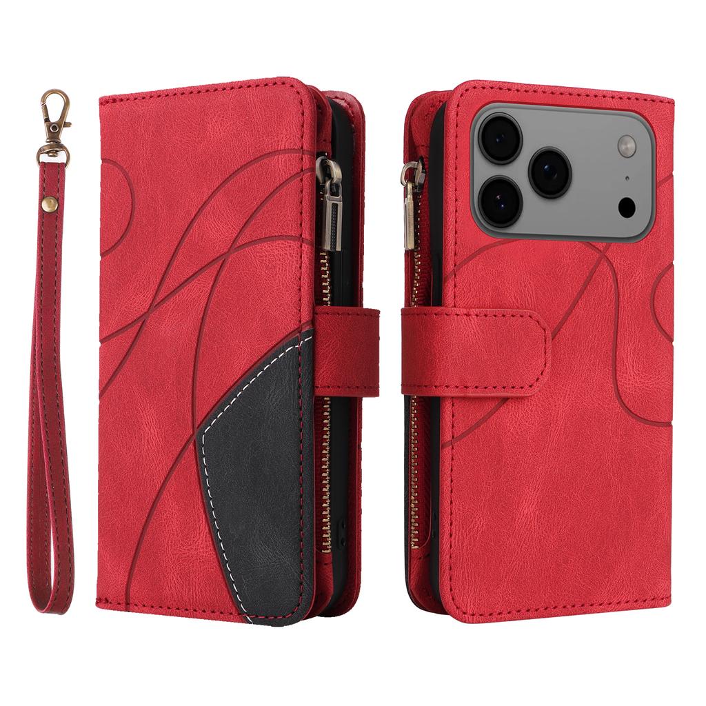 For iPhone 17 Pro Max Leather Case with Strap Zipper 9 Card Slot Phone Cover Stand
