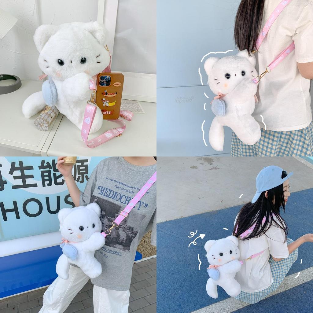 Cute Scarf White Cat Plush Doll Cartoon Shoulder Bag With Detachable Strap For Daily Use