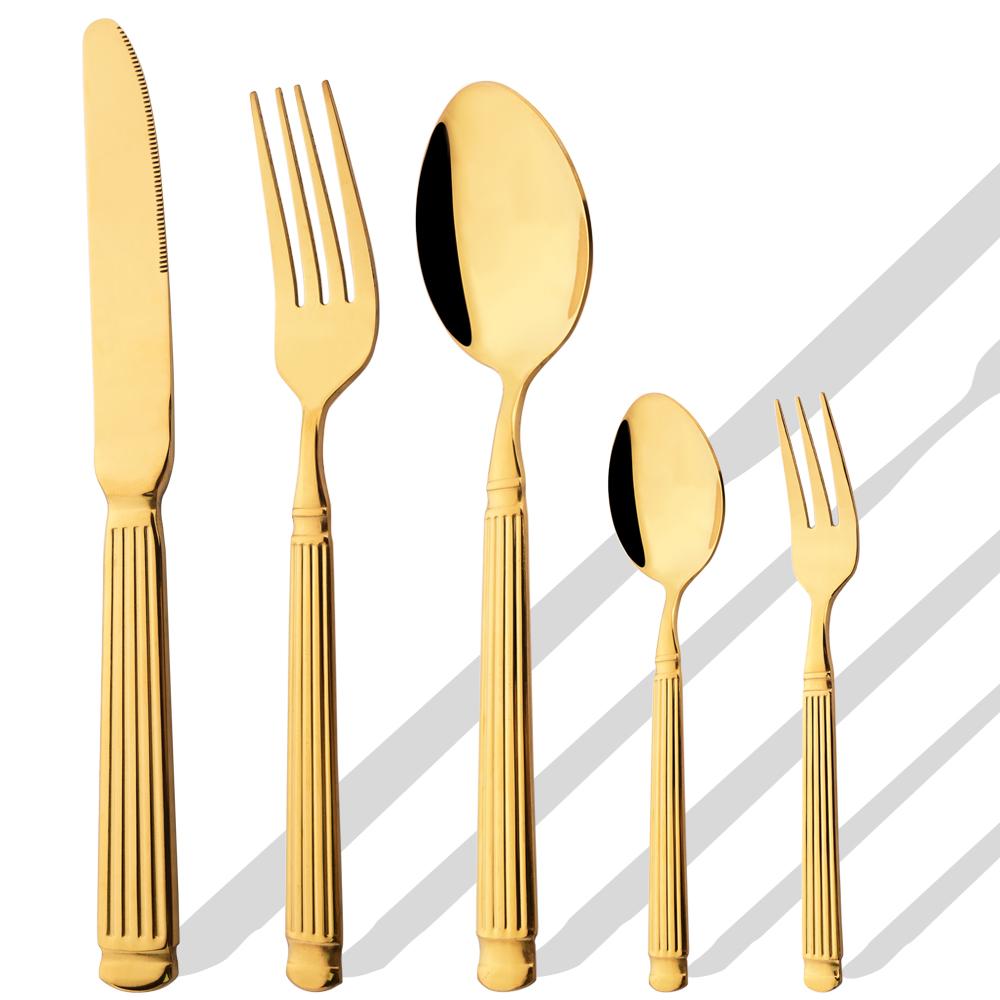 5Pcs Roman Handle Stainless Steel Cutlery Set Wedding Tableware Gold Knife Fork Spoon Modern Kitchen Utensils Full Dishes Sets