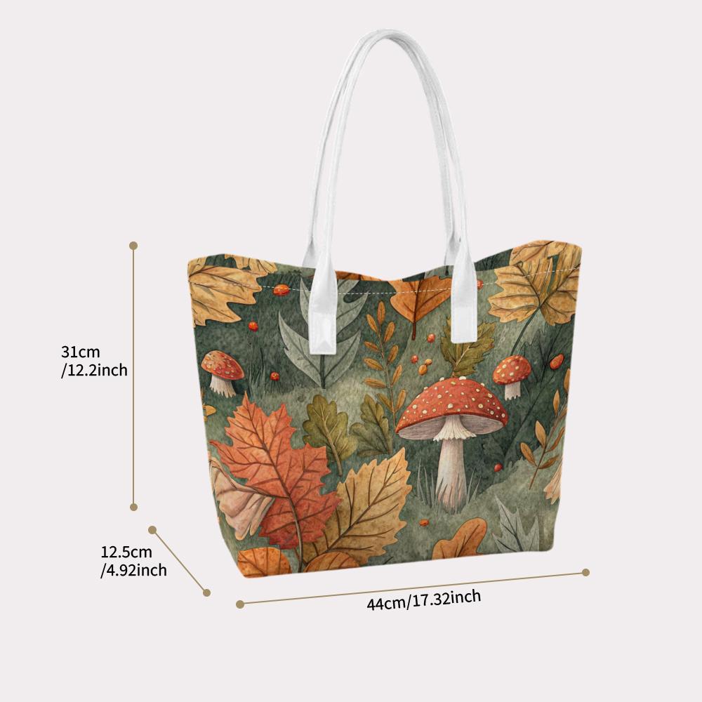 Autumn Mushroom Leaf Print Casual Tote Bag for Women Portable Daily Use Shoulder Bag for Shopping Travel