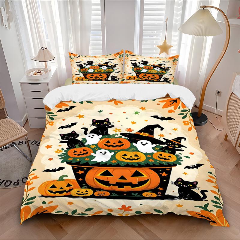 3pcs Halloween Decorations Bedding Set - 1 Duvet Cover + 2 Pillowcases(Core Not Included), Machine Washable Polyester yy251216131