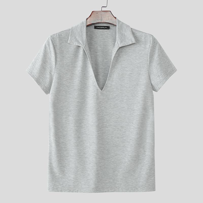 

INCERUN Летние мужские футболки с V-образным вырезом, с коротким рукавом, однотонные, повседневные, приталенные 5XL серый