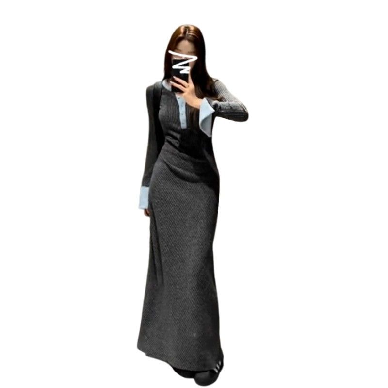 Korean Contrasting Color Half-open Neck Knitted Dress Women's Autumn and Winter New Design Sense Niche Temperament Hip-wrapped Long Skirt