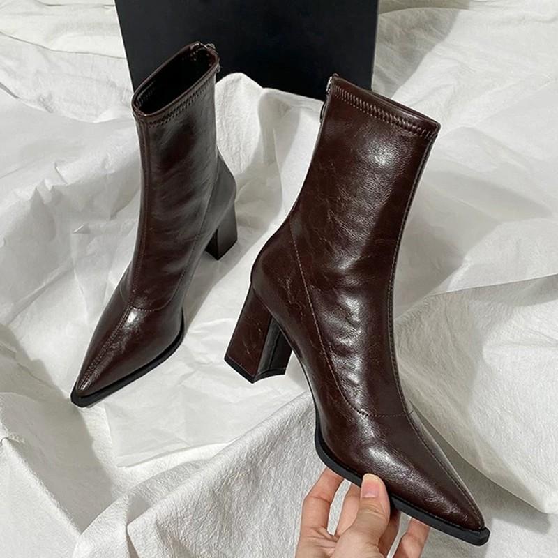 Fashion Autumn Winter Vintage Thick Heel Slim Ankle Boot Women Fashion Pointed Toe Stripper Party Modern Short Botas Para Mujer
