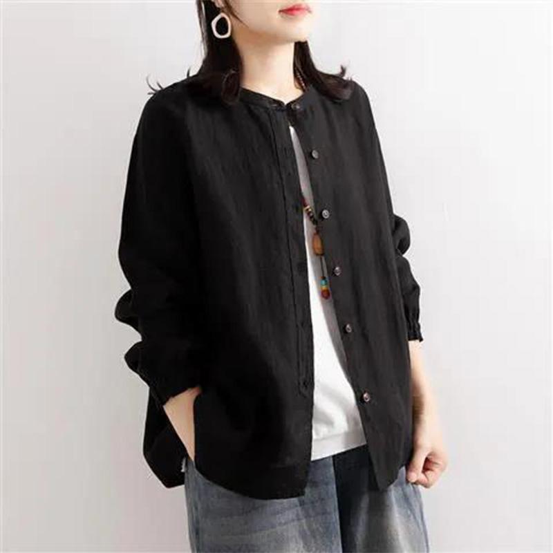 Cotton Linen Shirt Literary and Retro Style Women's Loose Round Neck Shirt Casual Thin Coat Close-up Sleeve Top Spring and Autumn
