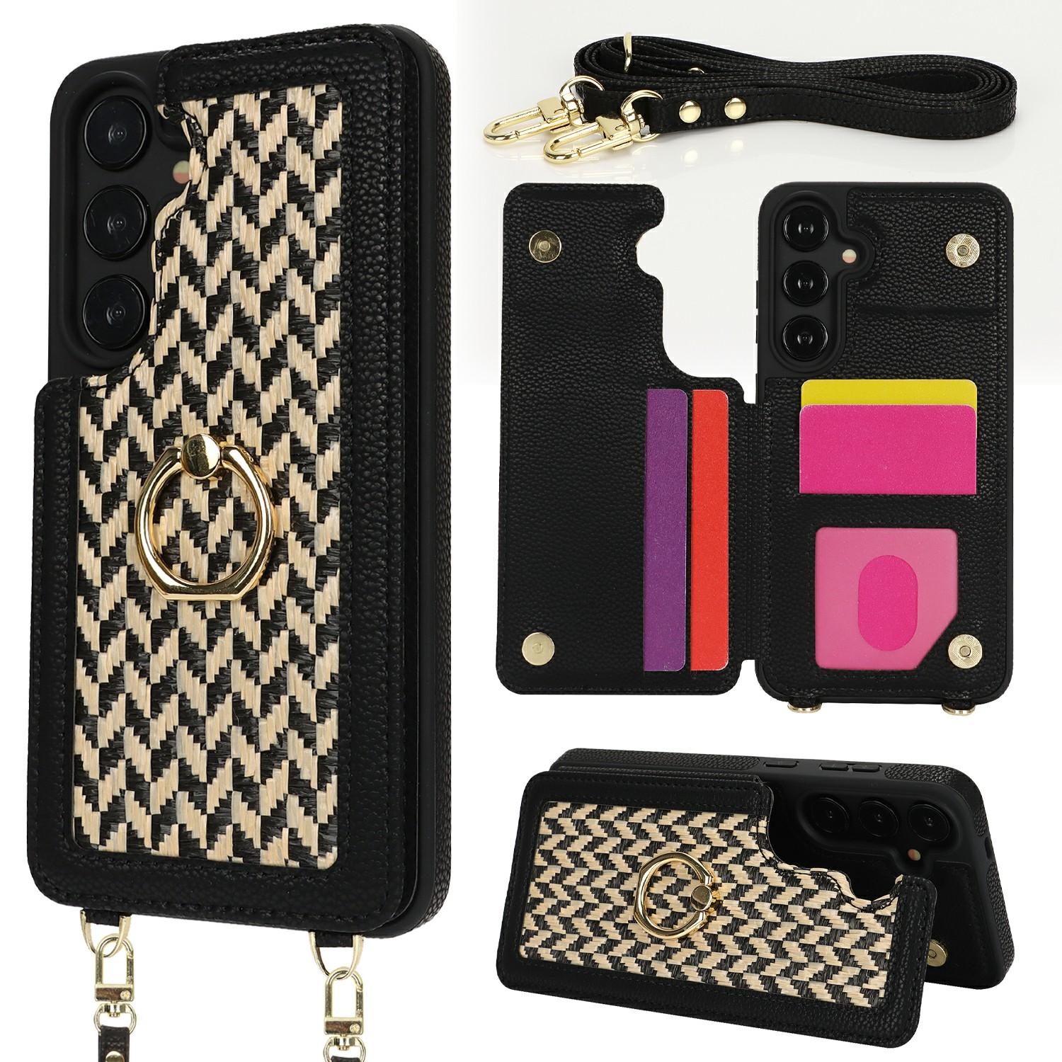 

For Samsung Galaxy S24+ Case with Card Holder,Kickstand,RFID Blocking PU+TPU Phone Back Cover Black