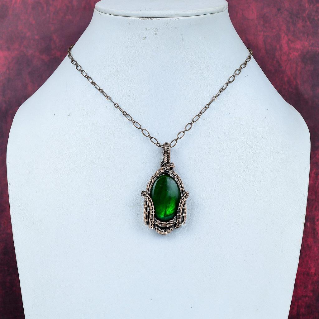Grüner Feuer-Labradorit Anhänger Kupferdraht umwickelter Edelstein Anhänger Kupferschmuck handgefertigt Boho Anhänger Geschenke für Ehefrau Drahtumwickelter Schmuck