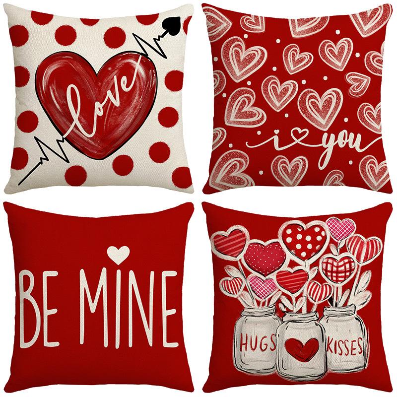 Cushion Decoration Living Room Valentine's Day Love Pillow Cartoon Print Red Couple Pillow Linen Cushion