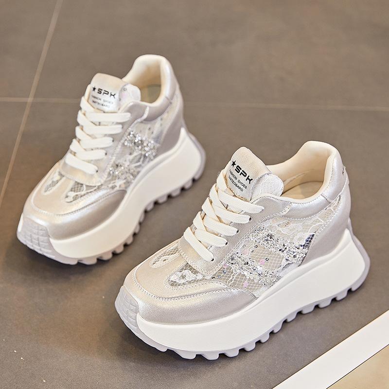 

Silver transparent net new leather color matching sports and leisure shoes small 8CM dad running shoes 34 серебряный