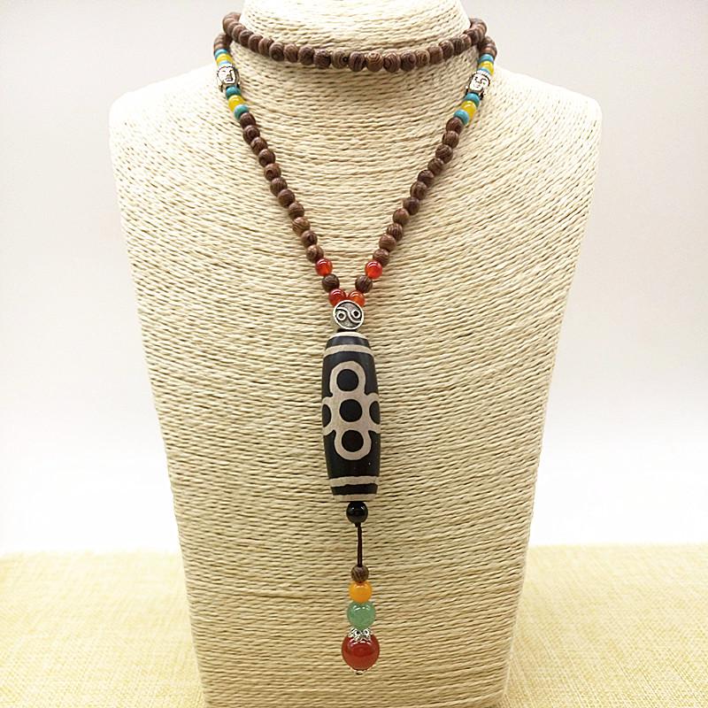 Ethnic Style Long Sweater Necklace with Dzi Bead & Wood Pendant Handmade