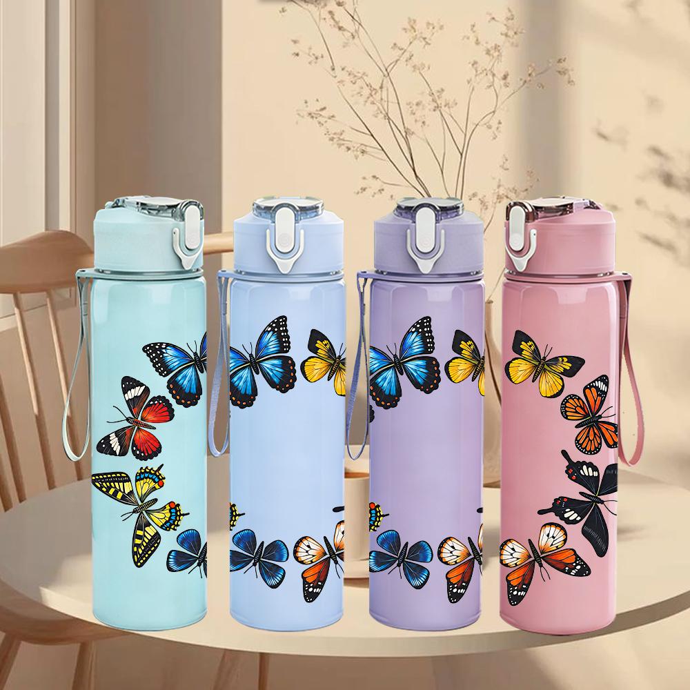 1PC Circular Butterfly Wreath 750ml Color Plastic Sports Water Bottle Leakproof Flip Straw Lid Suitable for Sports Office Home Use
