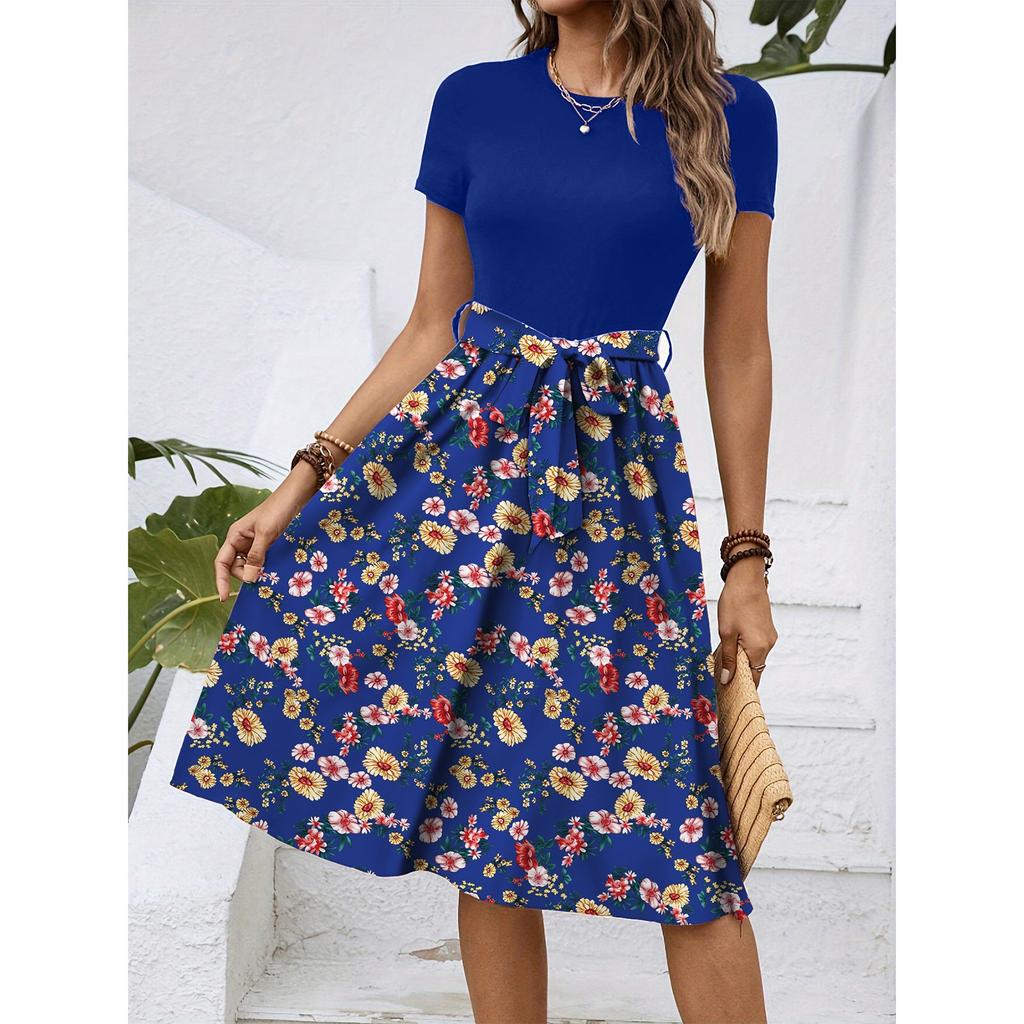 Women's Fashionable Retro Patterned Printing Color Blocked Belt Casual Dress