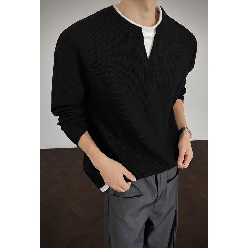 Fake Two Long Sleeved T-shirts, Men's Spring and Autumn Trend, Waffle Style Loose Fit, Bottom Layer, Simple Casual Top