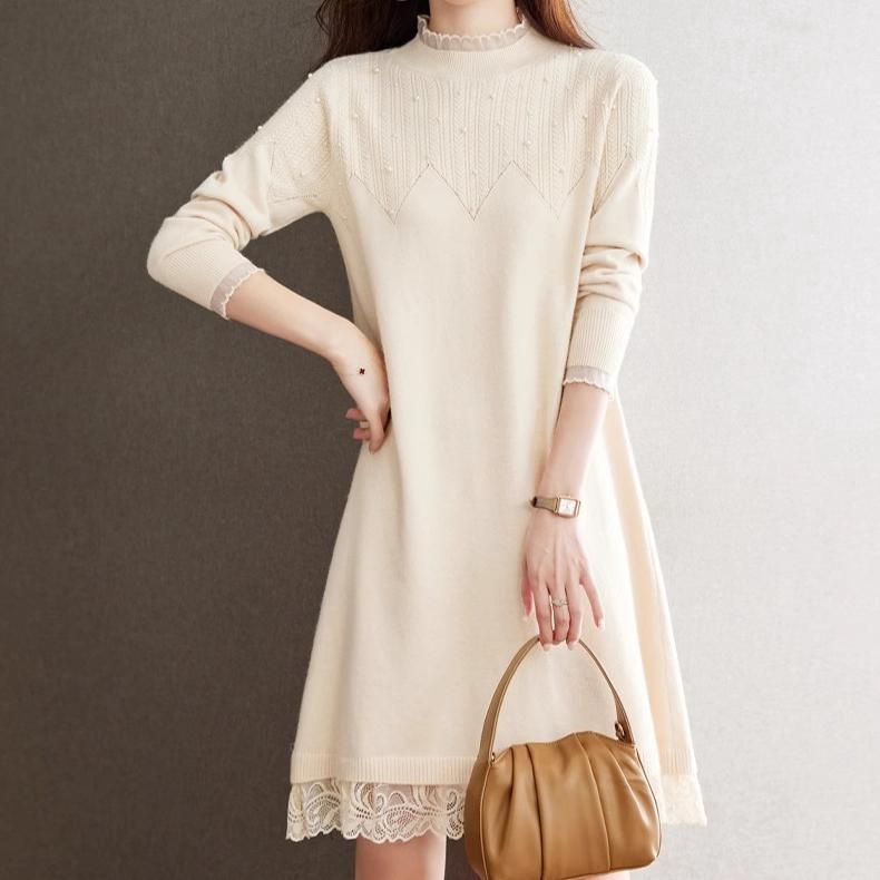 Lace Half Turtleneck Sweater Solid Color Loose Pullover for Women Casual Long-sleeved Knitted Dress for Autumn and Winter