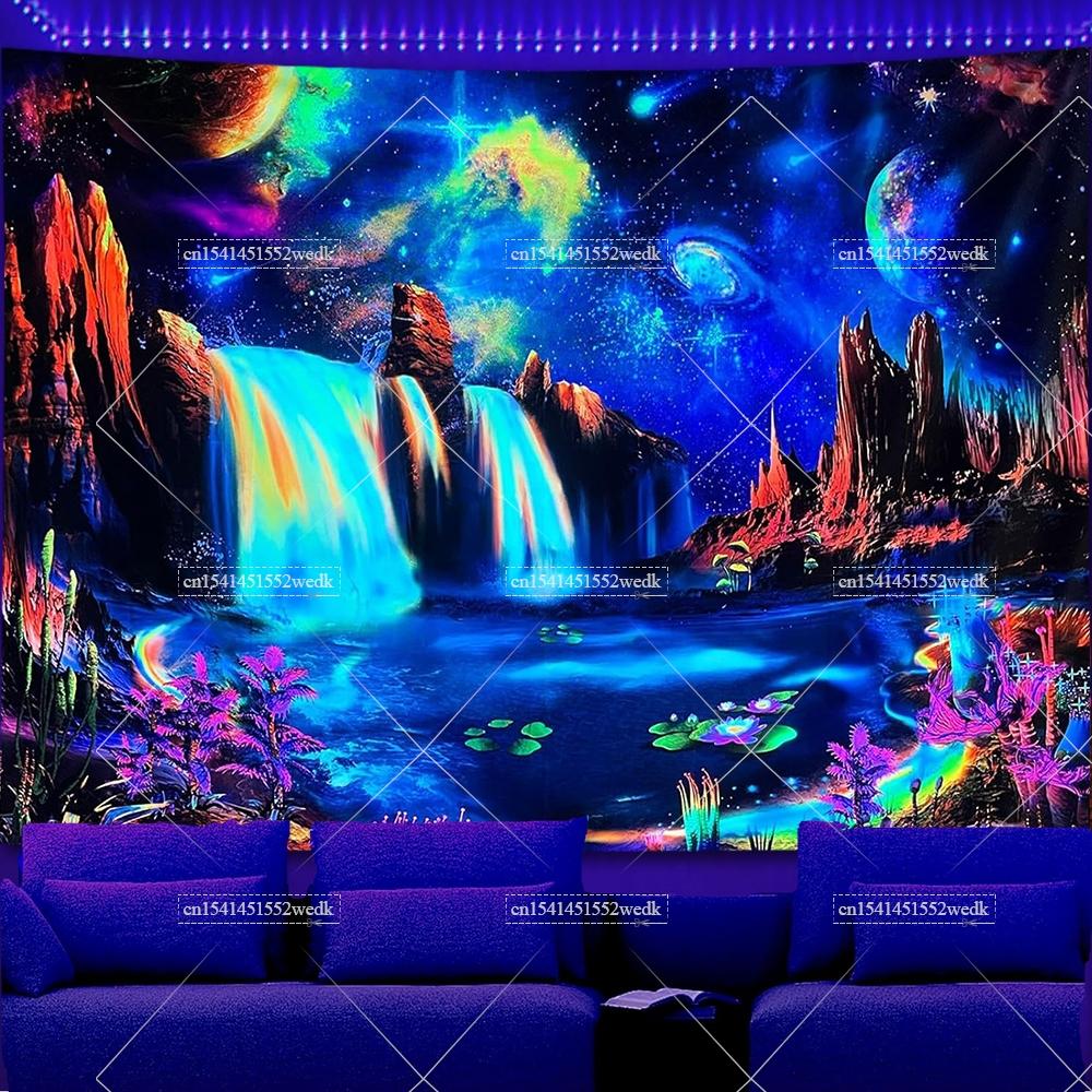 Blacklight Galaxy Planet Space Tapestry UV Reactive Tapestries Mountain Waterfall Landscape Tapestry Neon Aesthetic Tapestry