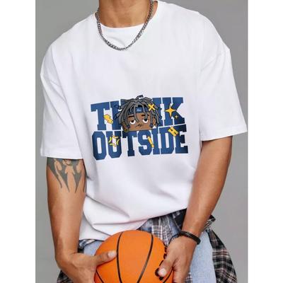 Weißes Rundhals-T-Shirt mit „Think Outside“-Cartoonfigur und Textdesign, lässige Streetwear für Damen und Herren