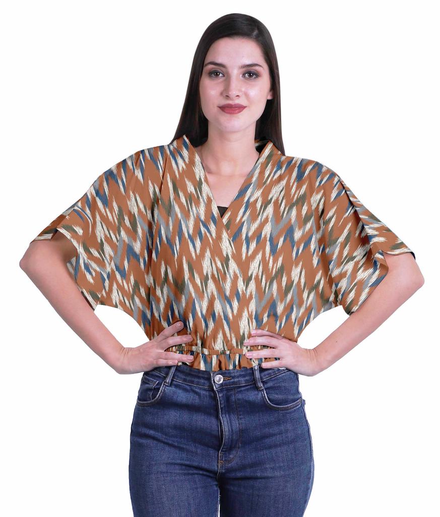 Moomaya Printed Boxy Sleeve Tops For Women V-Neck Elastic WaistA  Kimono Top