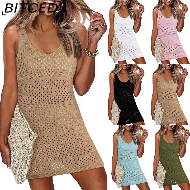 BITCED Women's Swimwear Cover-Up Summer Sleeveless Tank Top Sun Protection Knit Lace-Up Swimsuit Beach Dress