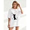 Black Oversized T Shirt With Cat And Music Notes Print For Casual Wear
