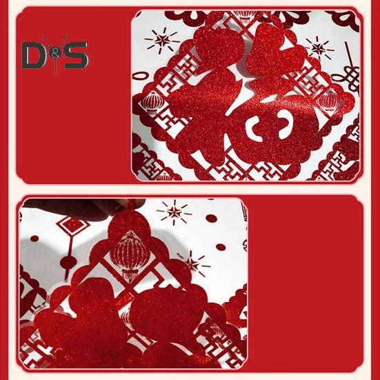 Samolepka na okno k čínskému Novému roku s třpytkami, samolepka na skleněné dveře, nelepivá statická fólie na okno pro dekoraci Svátku jara