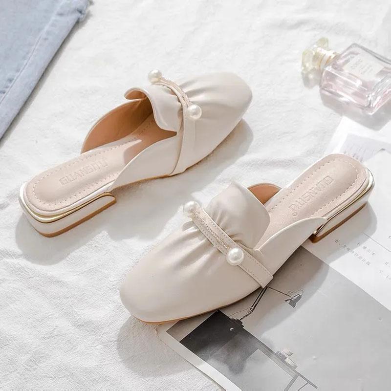 WTEMPO Women's Spring and Summer Square Toe Slippers Thick Low Heel Wrapped Toe Pearl Beige Rhinestone Pleated Soft Sole Soft Leather Slip-on Sandals