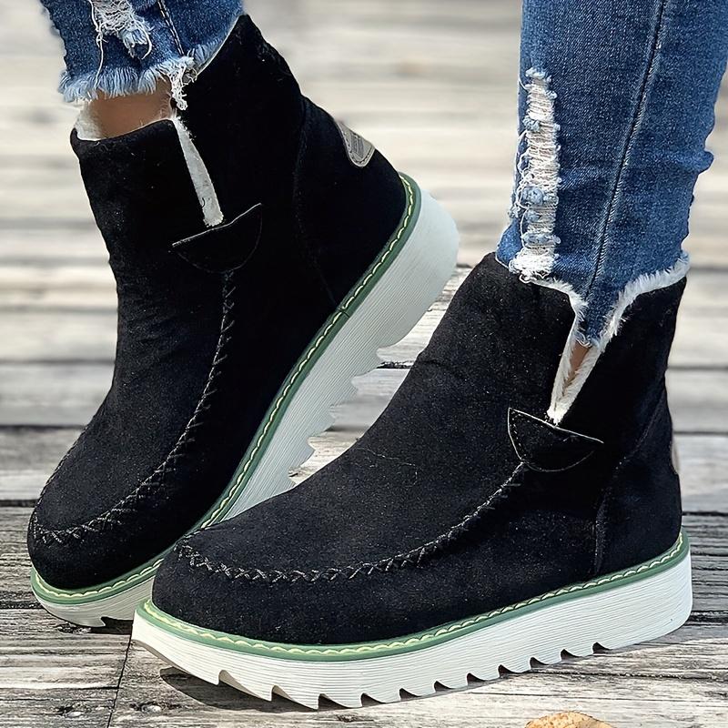 Women's Plush Lined Snow Boots, Round Toe Slip On Flat Short Boots, Winter Warm Outdoor Ankle Boots