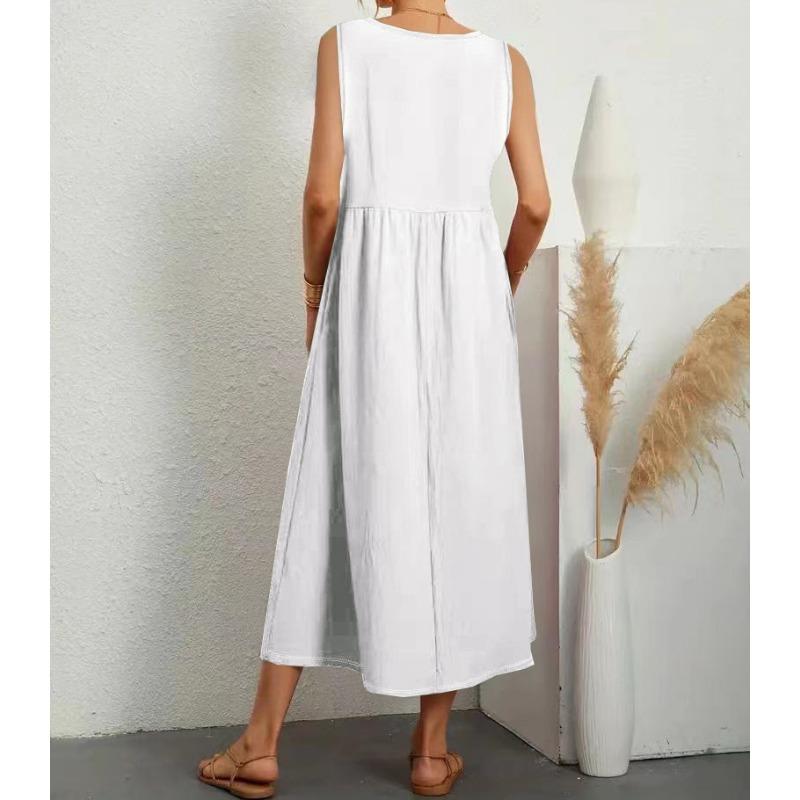 Fashionable Summer Temperament Women's Solid Color Cotton Linen Loose V-neck Dress